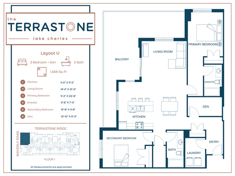 Floor plan for 2 beds, 2 baths, 1368 sqft