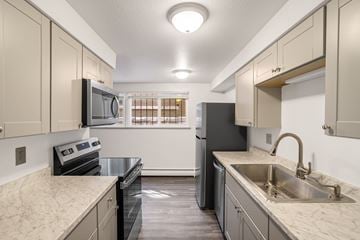 Denver apartment for rent - A kitchen with a black refrigerator, stove, and oven.