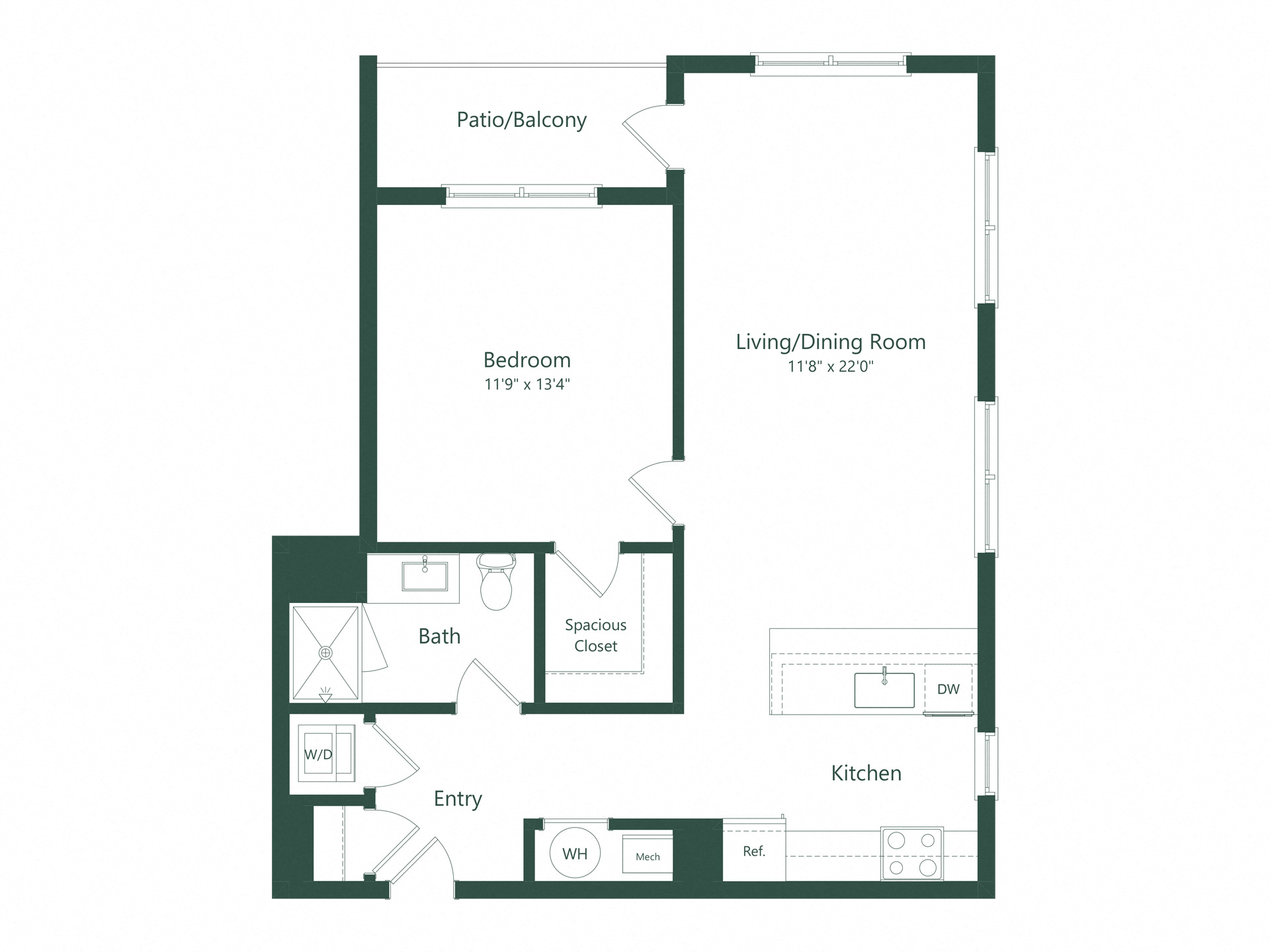 Floor plan for 1 bed, 1 bath, 808 sqft