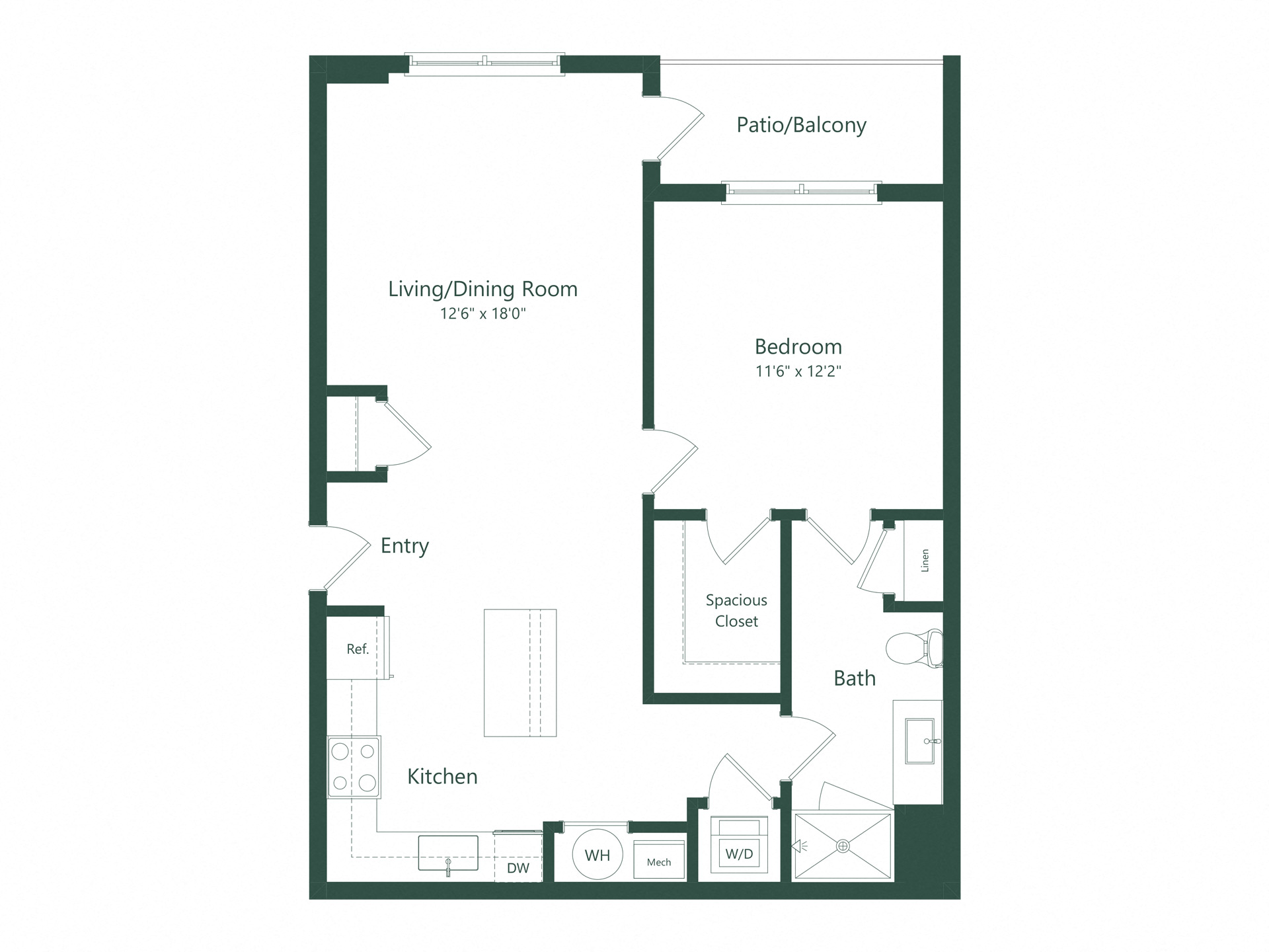 Floor plan for 1 bed, 1 bath, 790 sqft