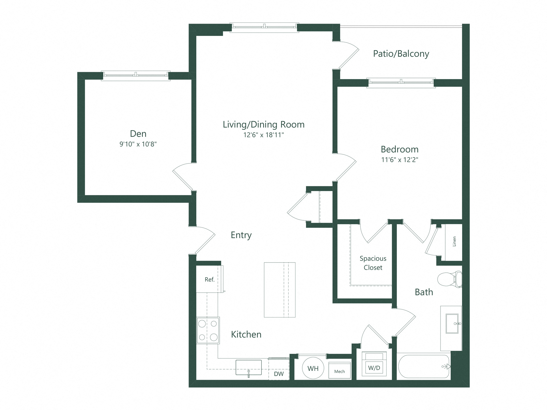 Floor plan for 1 bed, 1 bath, 910 sqft