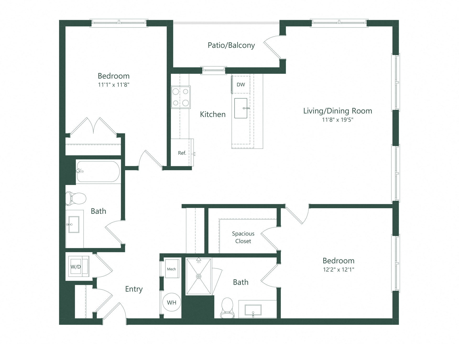 Floor plan for 2 beds, 2 baths, 1153 sqft