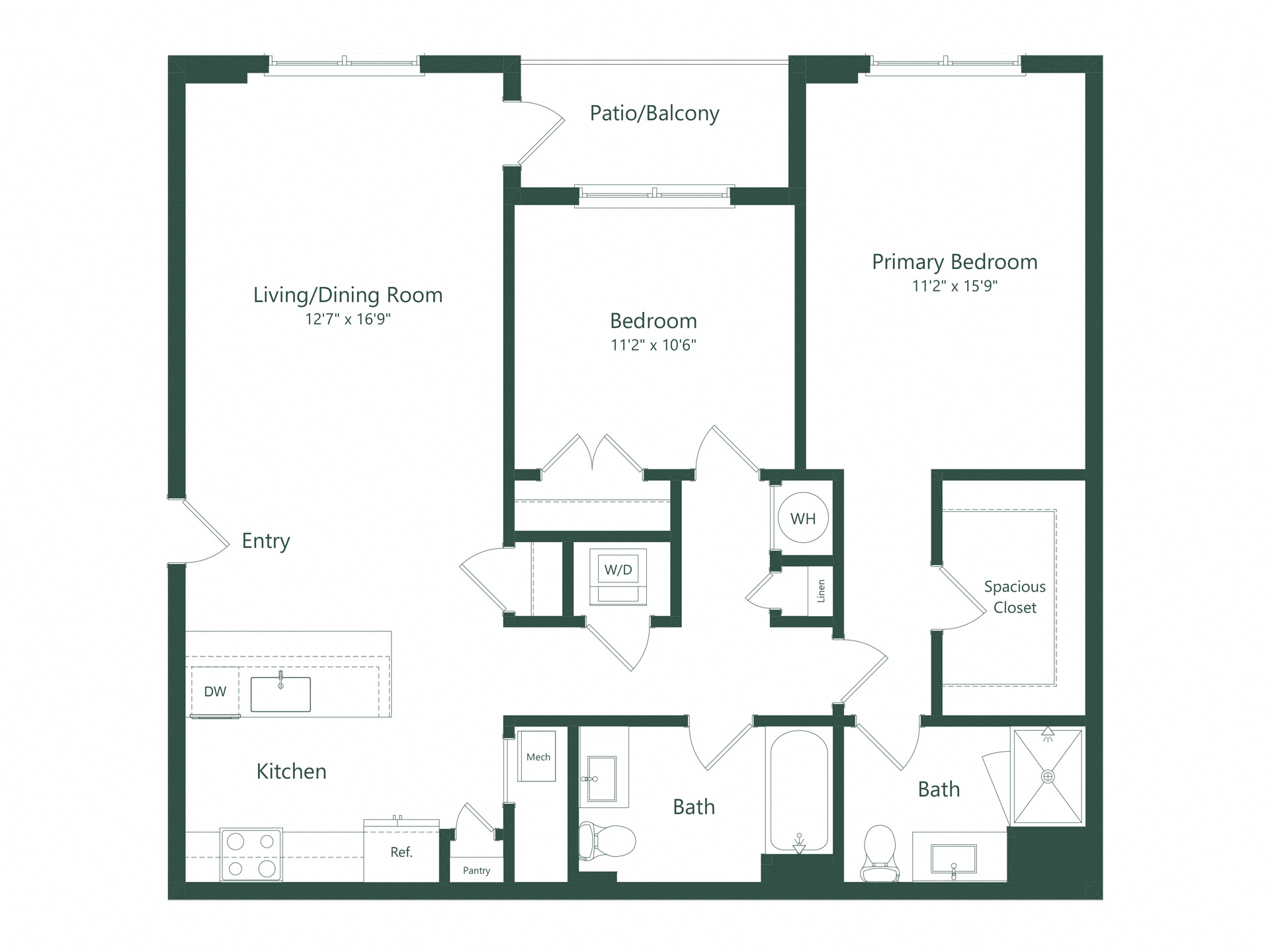 Floor plan for 2 beds, 2 baths, 1163 sqft