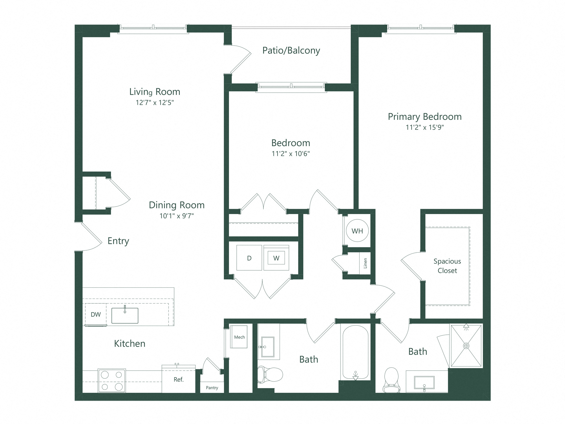 Floor plan for 2 beds, 2 baths, 1163 sqft