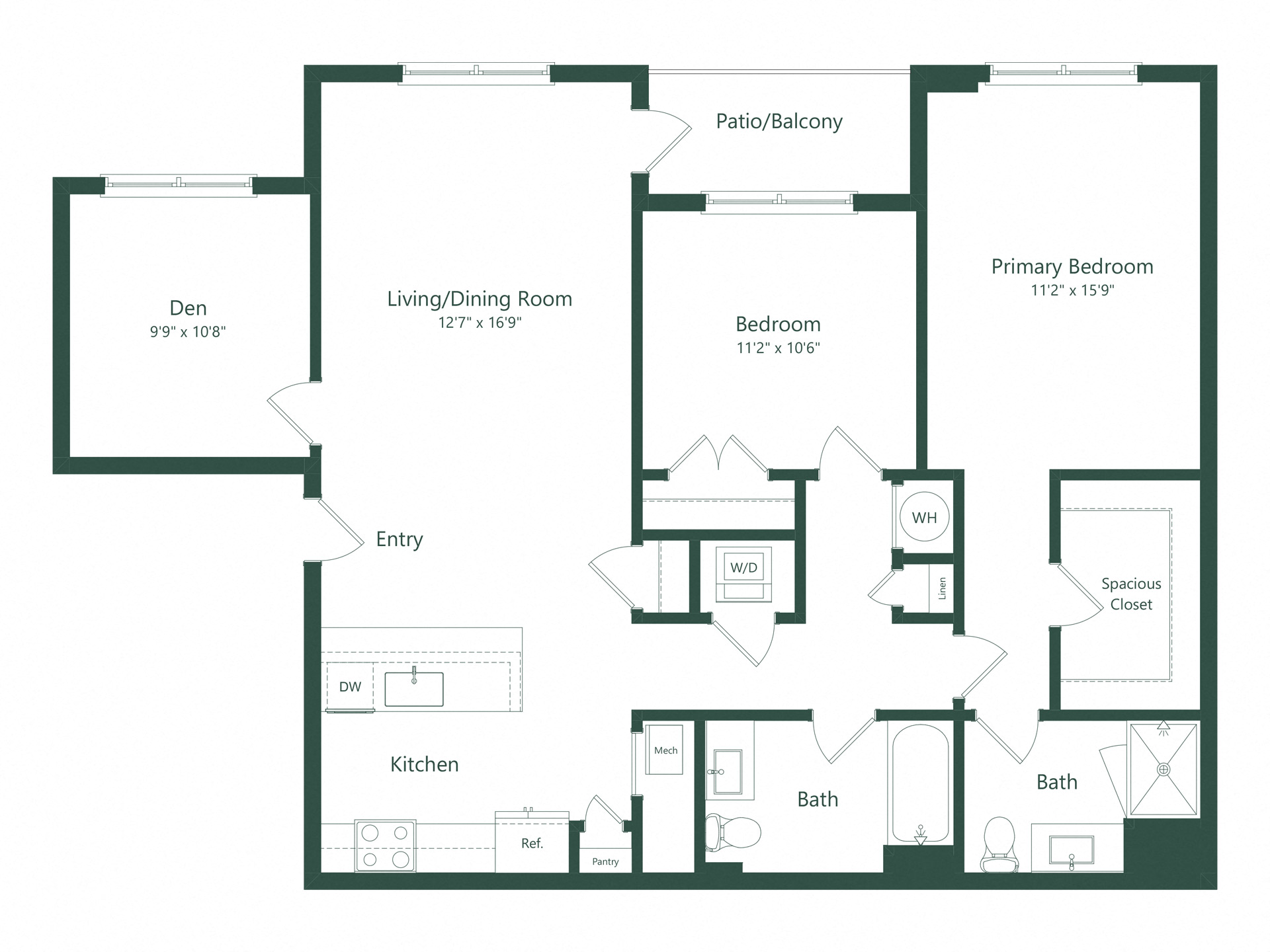 Floor plan for 2 beds, 2 baths, 1282 sqft