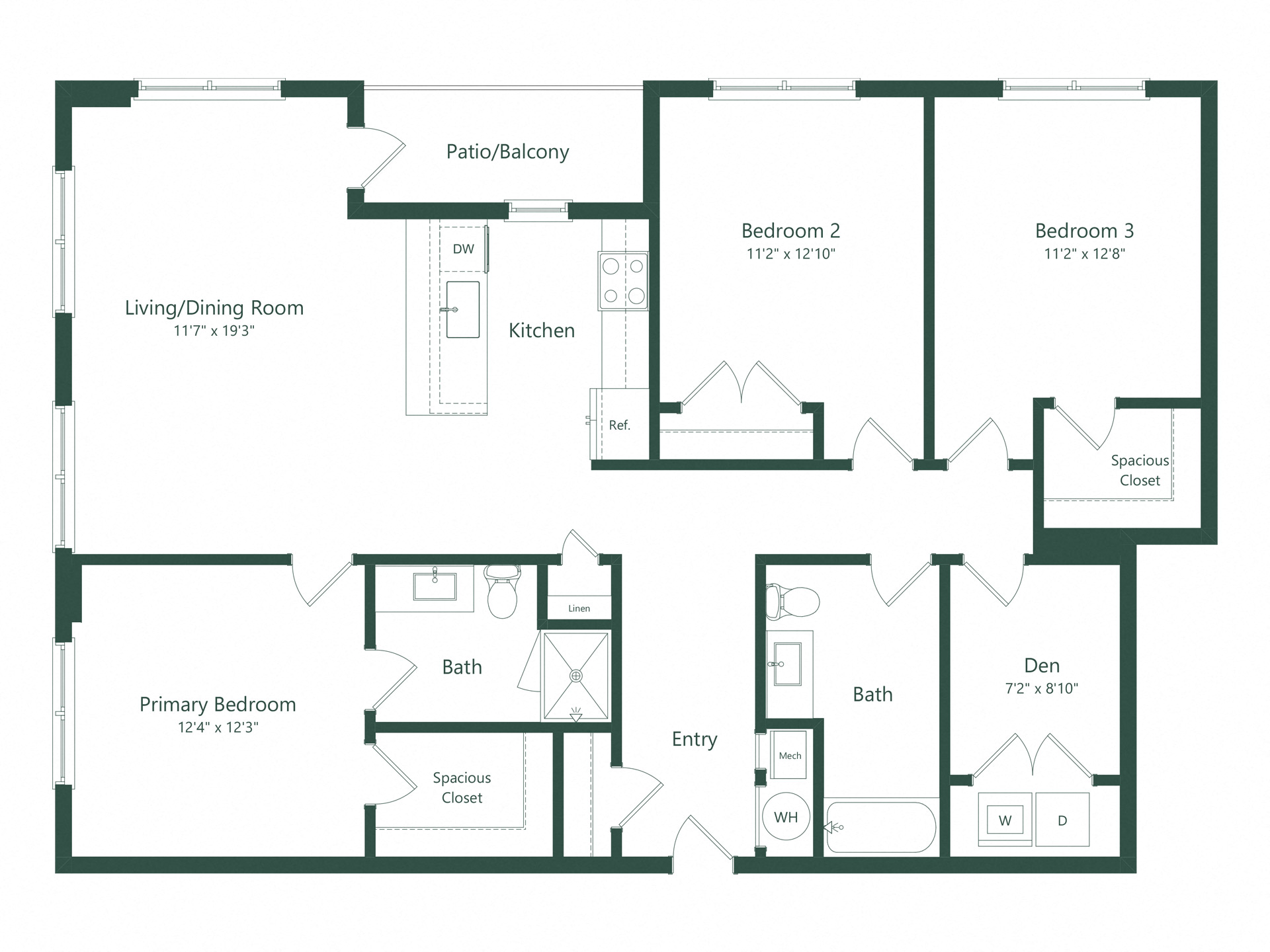 Floor plan for 3 beds, 2 baths, 1499 sqft