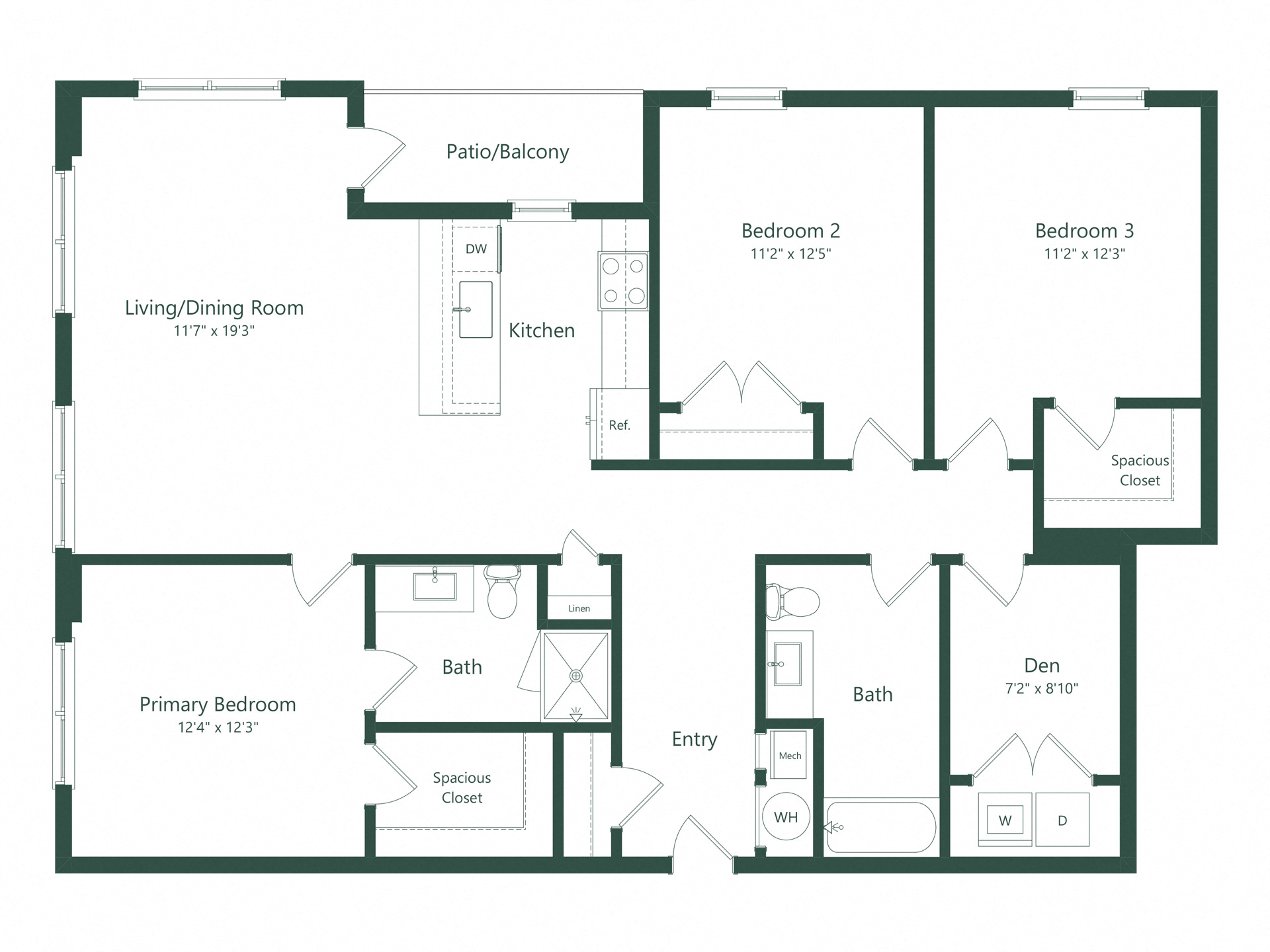 Floor plan for 3 beds, 2 baths, 1499 sqft