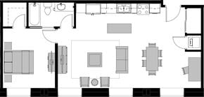 Tulsa apartment for rent - A black and white floor plan of a house with a kitchen, living room, and bathroom.