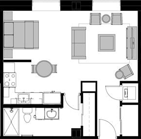 Tulsa apartment for rent - A floor plan of a house with a kitchen, living room, and bathroom.