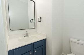 Freeport house for rent - A white sink with a silver faucet and a mirror above it.