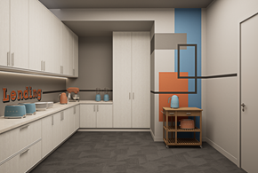 Huntsville apartment for rent - A kitchen with a table and a cabinet with a sign that says "Lending".