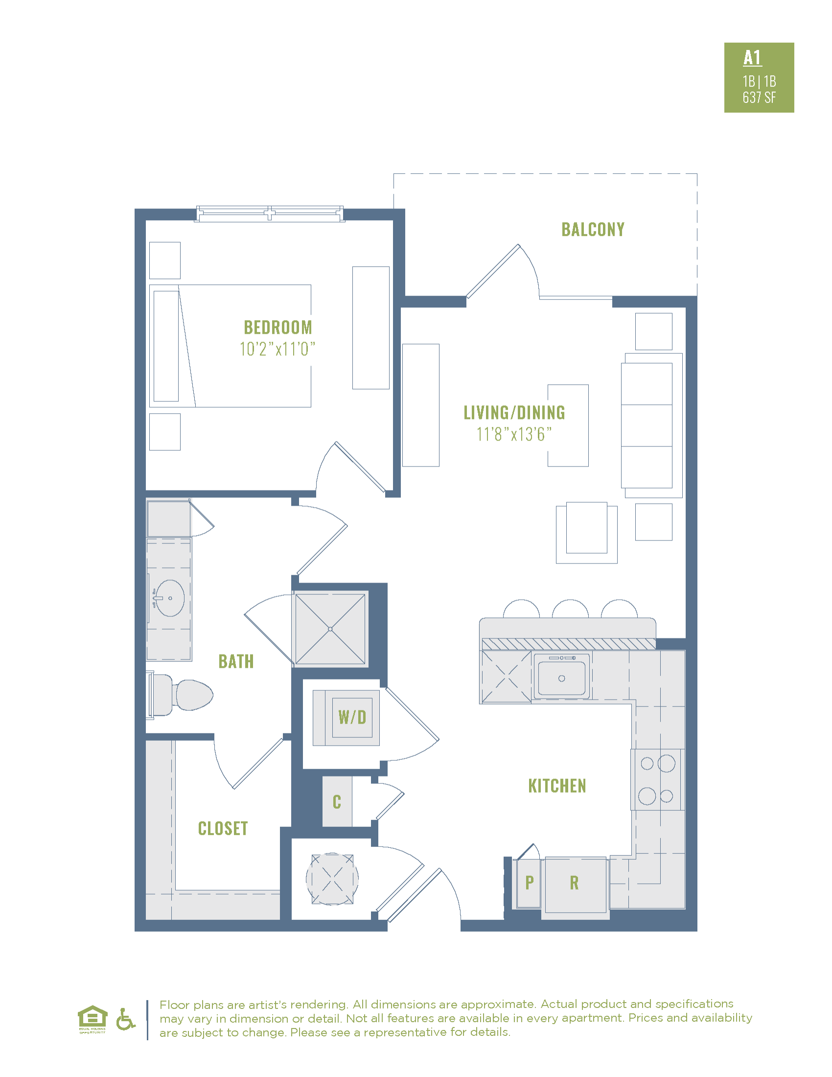 Floor plan for 1 bed, 1 bath, 679 sqft