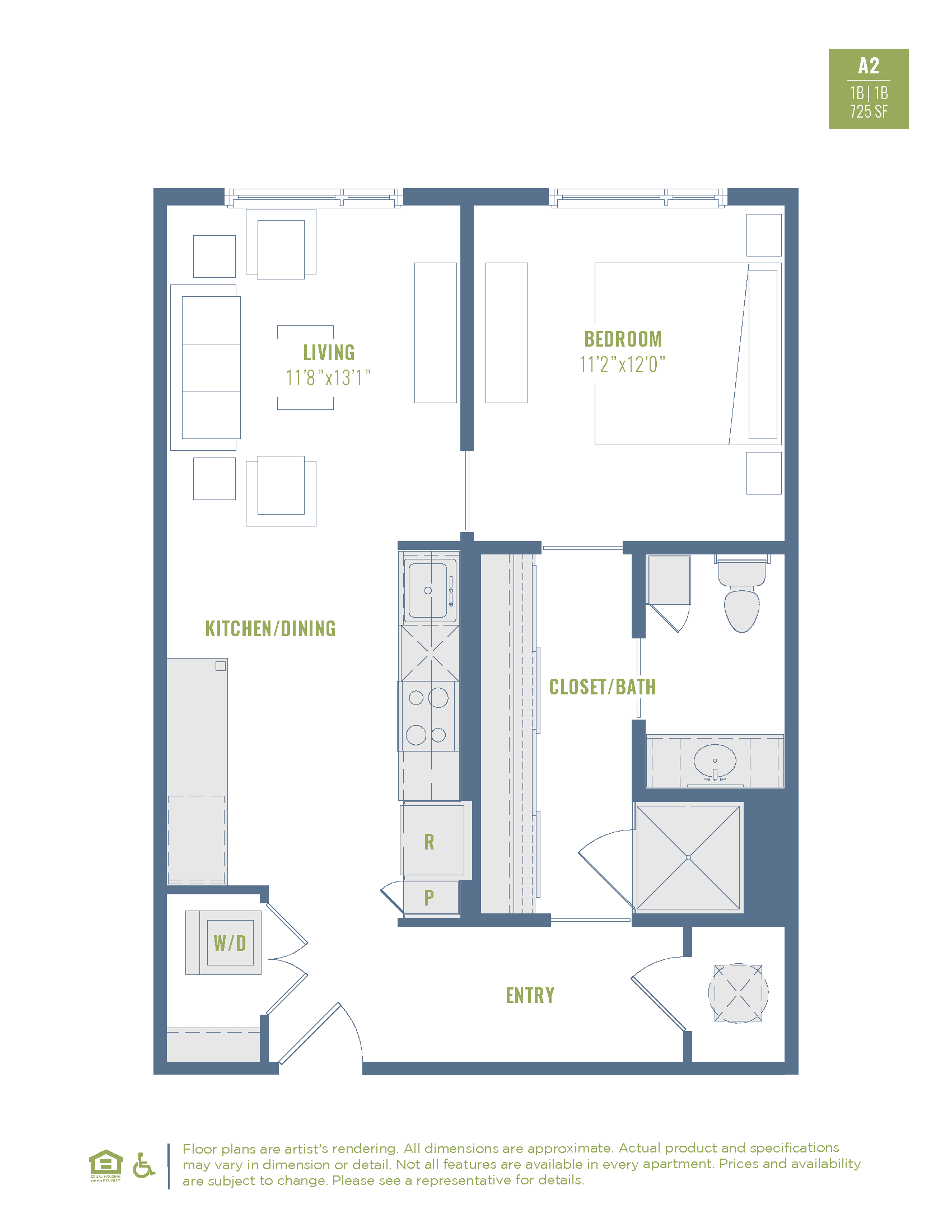 Floor plan for 1 bed, 1 bath, 725 sqft