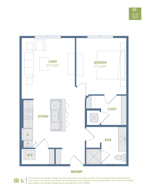 Floor plan for 1 bed, 1 bath, 788 sqft