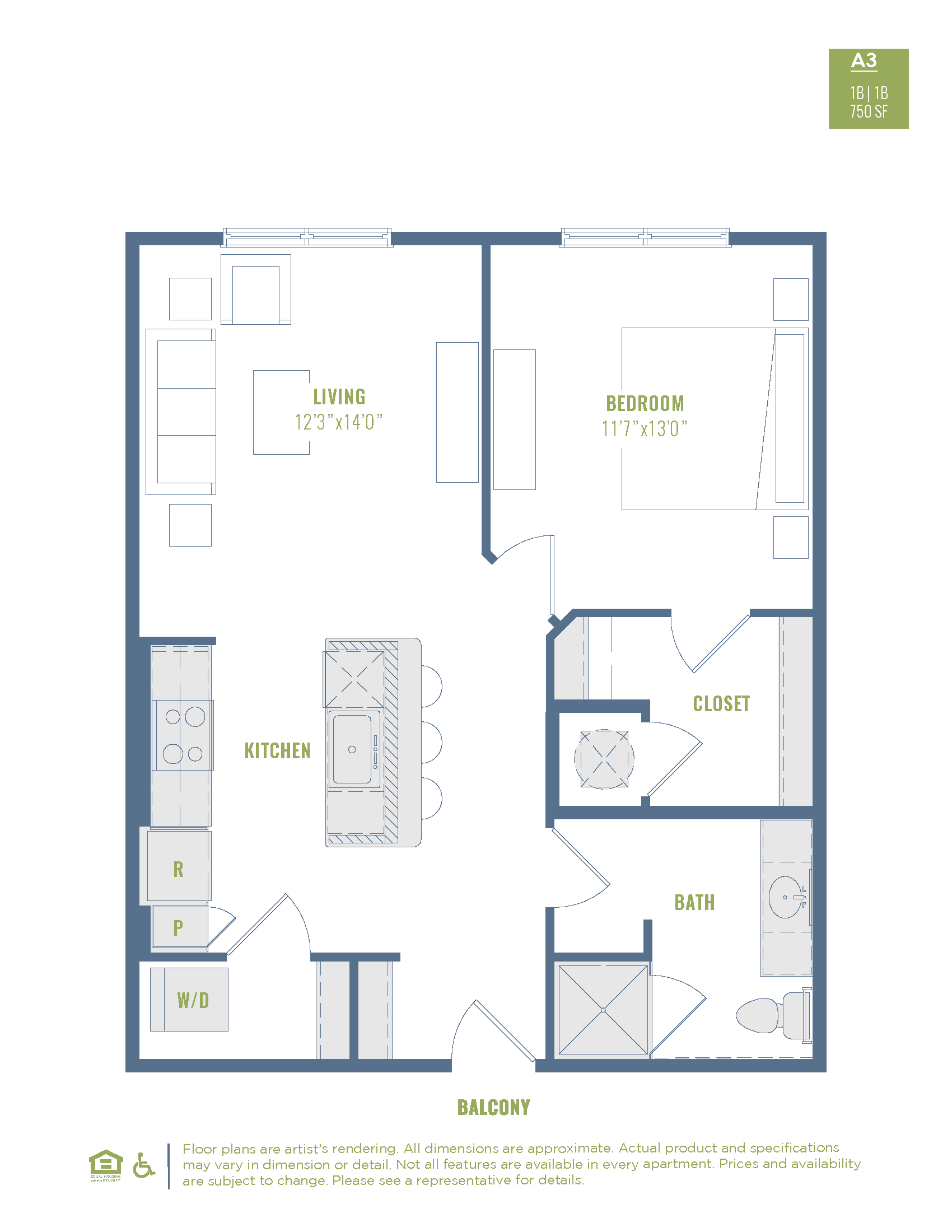 Floor plan for 1 bed, 1 bath, 750 sqft
