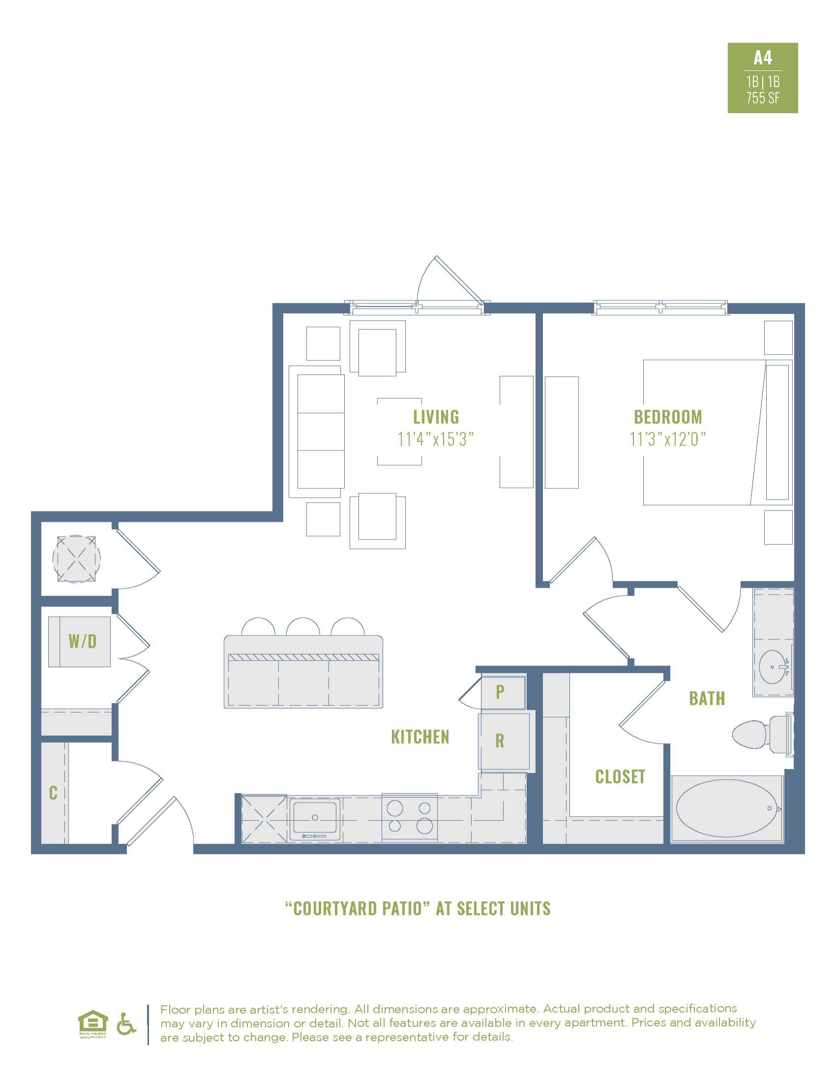 Floor plan for 1 bed, 1 bath, 755 sqft
