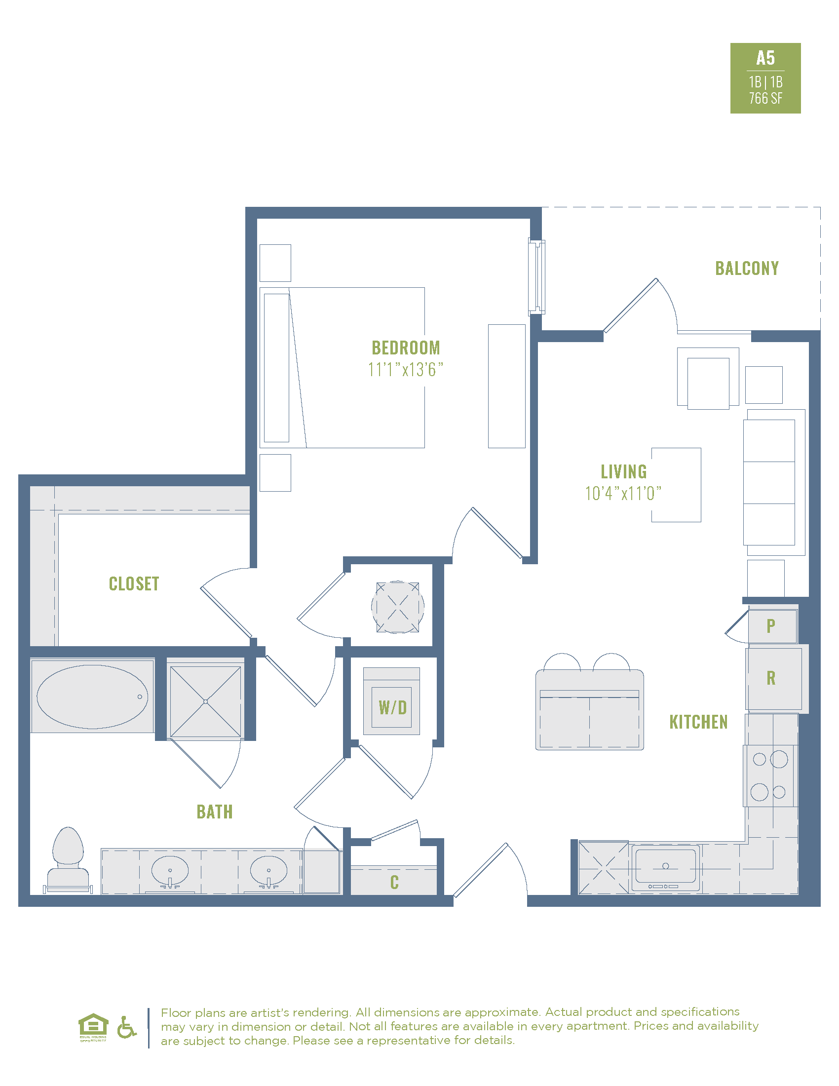 Floor plan for 1 bed, 1 bath, 764 sqft