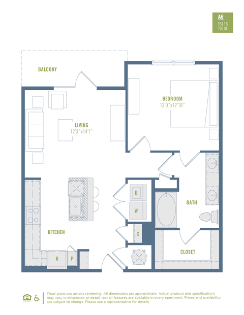 Floor plan for 1 bed, 1 bath