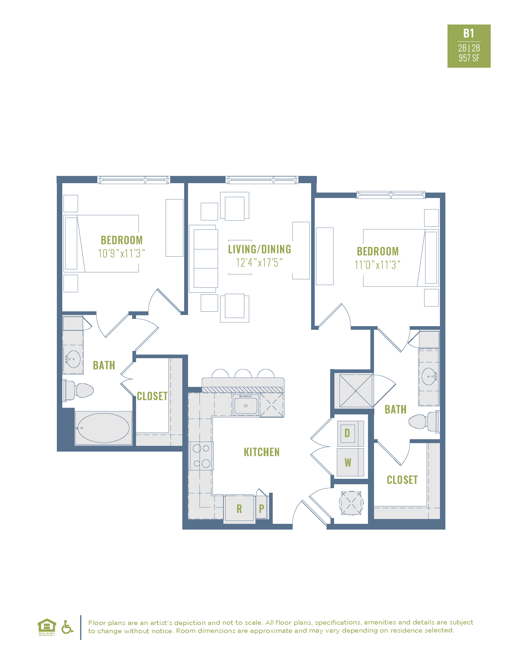 Floor plan for 2 beds, 2 baths, 957 sqft
