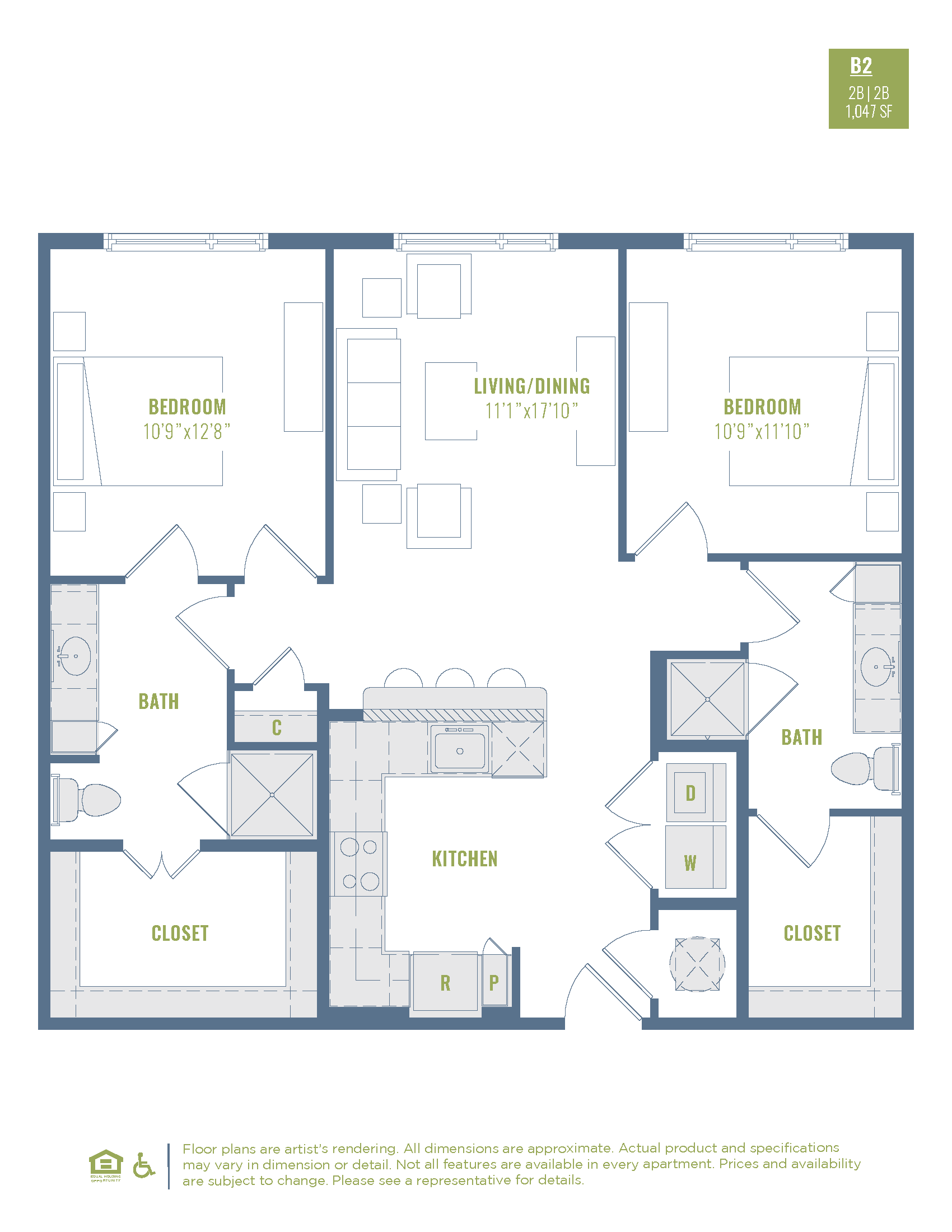 Floor plan for 2 beds, 2 baths, 1047 sqft