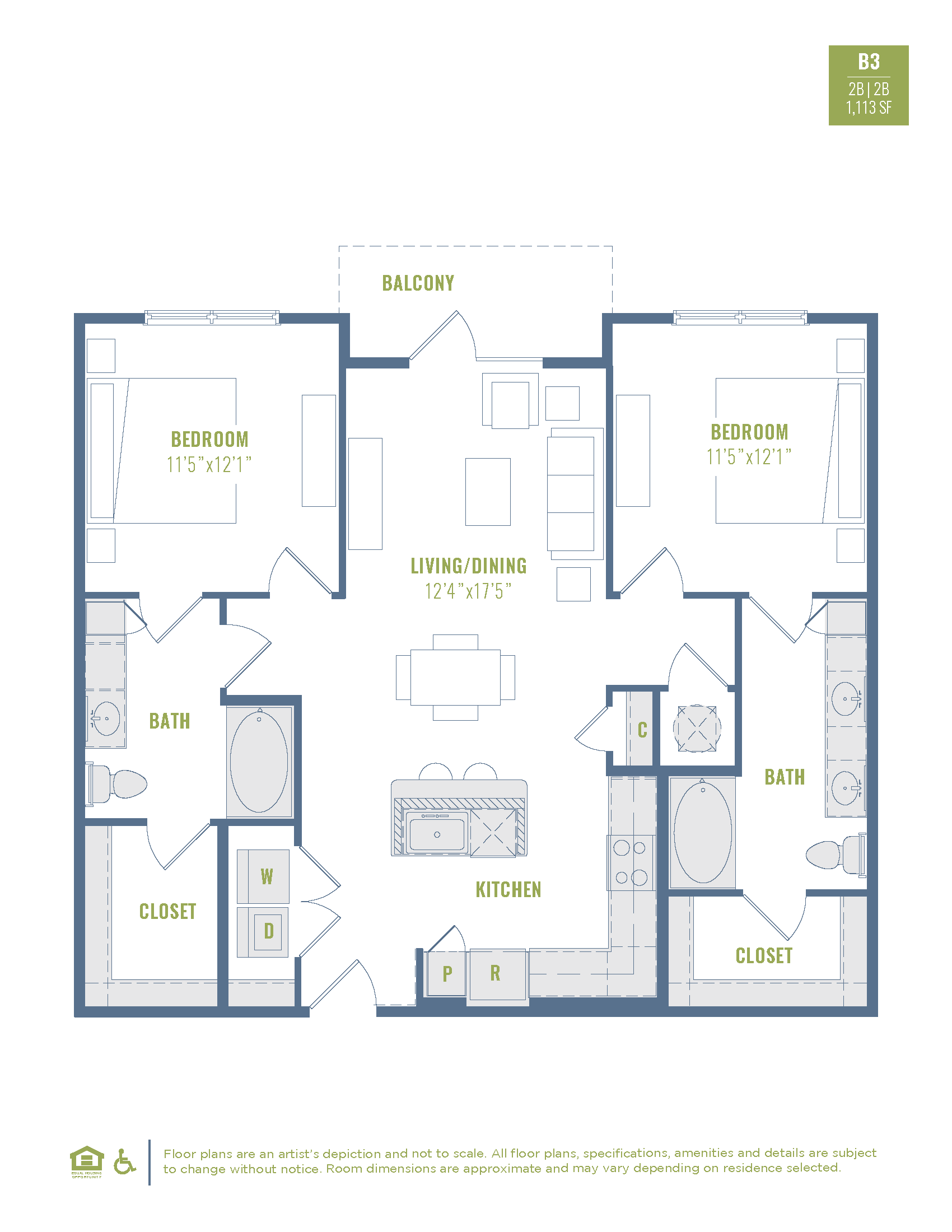 Floor plan for 2 beds, 2 baths, 1113 sqft