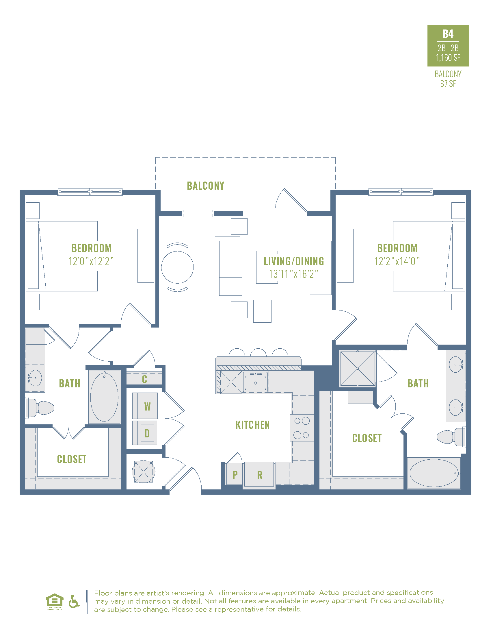Floor plan for 2 beds, 2 baths, 1160 sqft