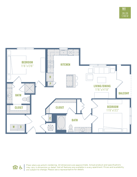 Floor plan for 2 beds, 2 baths, 1194 sqft