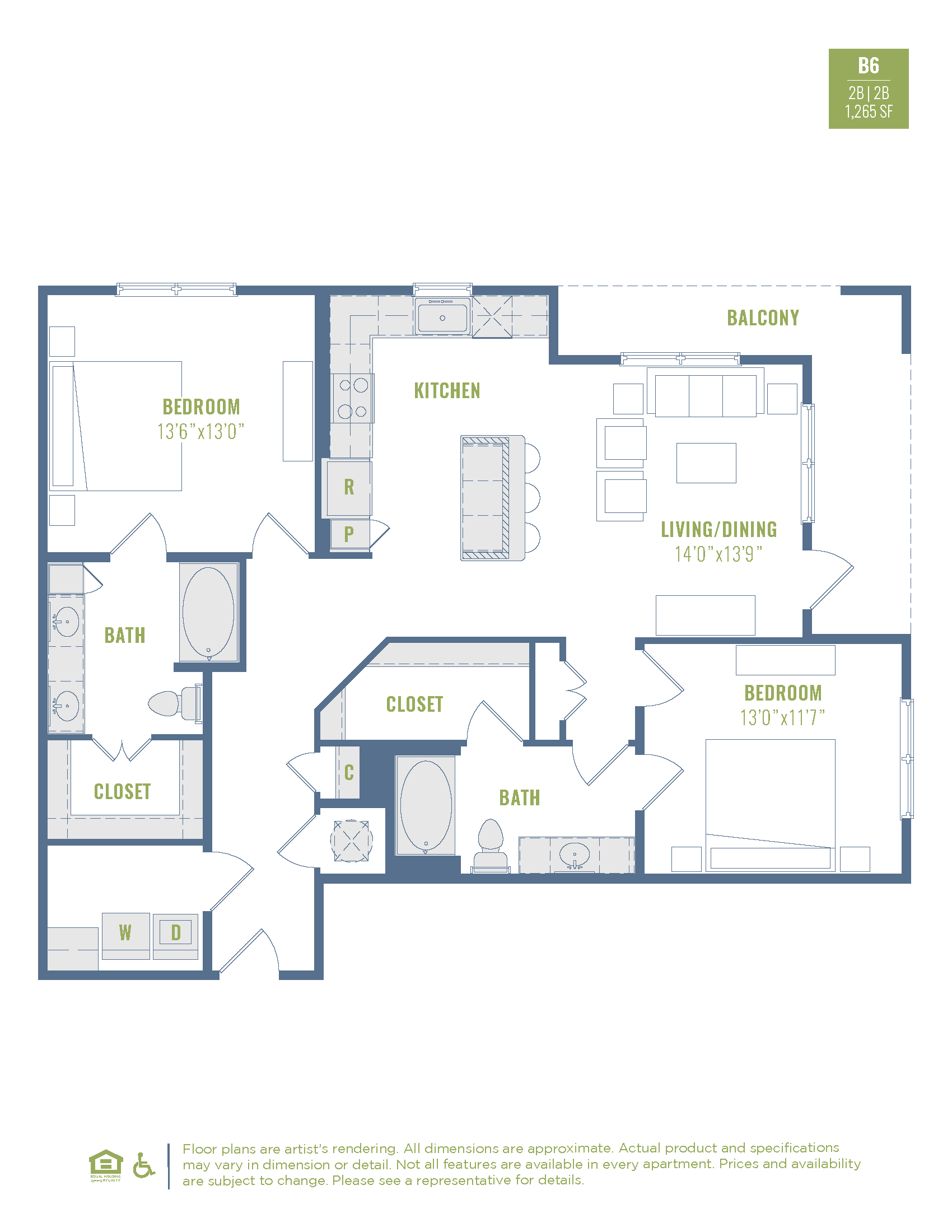 Floor plan for 2 beds, 2 baths, 1265 sqft