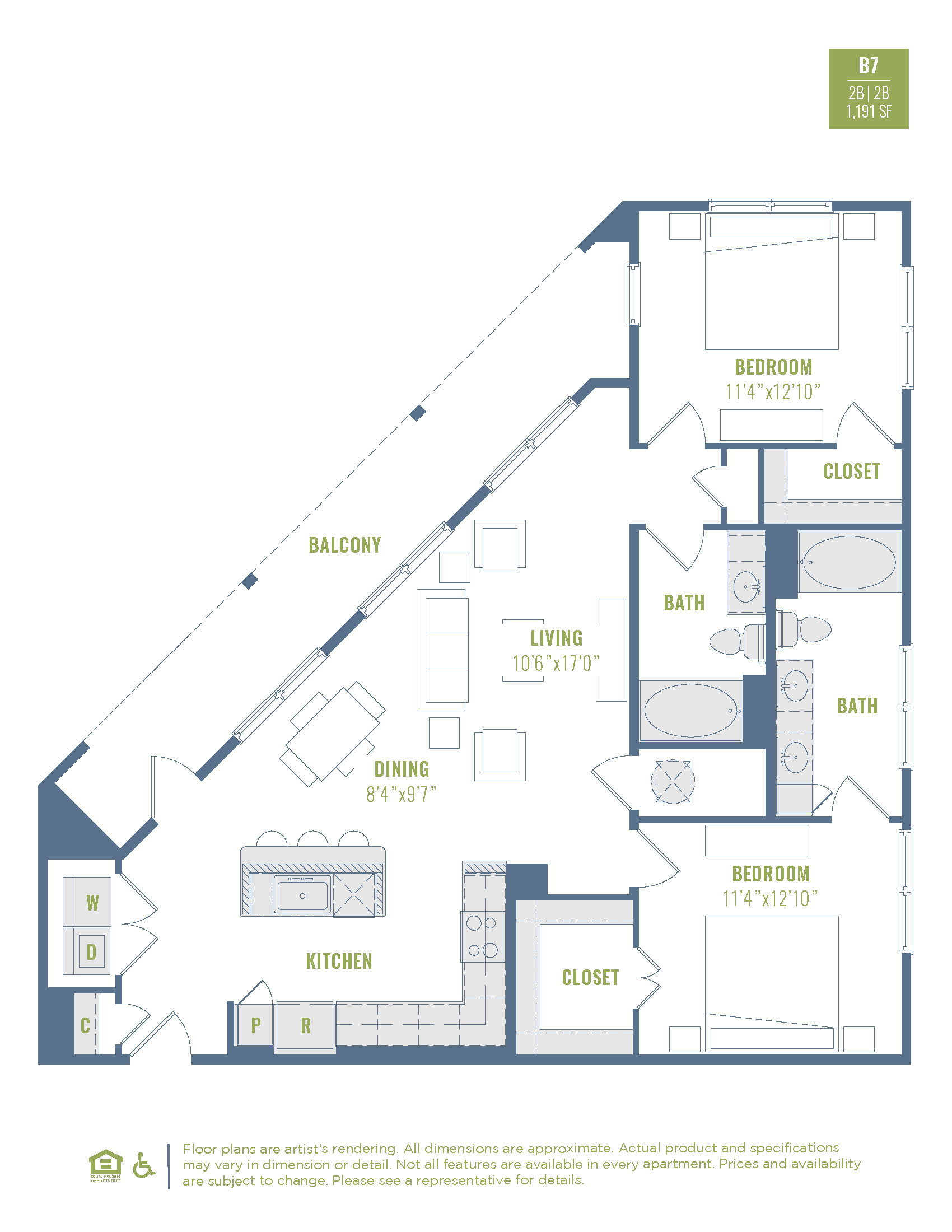 Floor plan for 2 beds, 2 baths, 1191 sqft