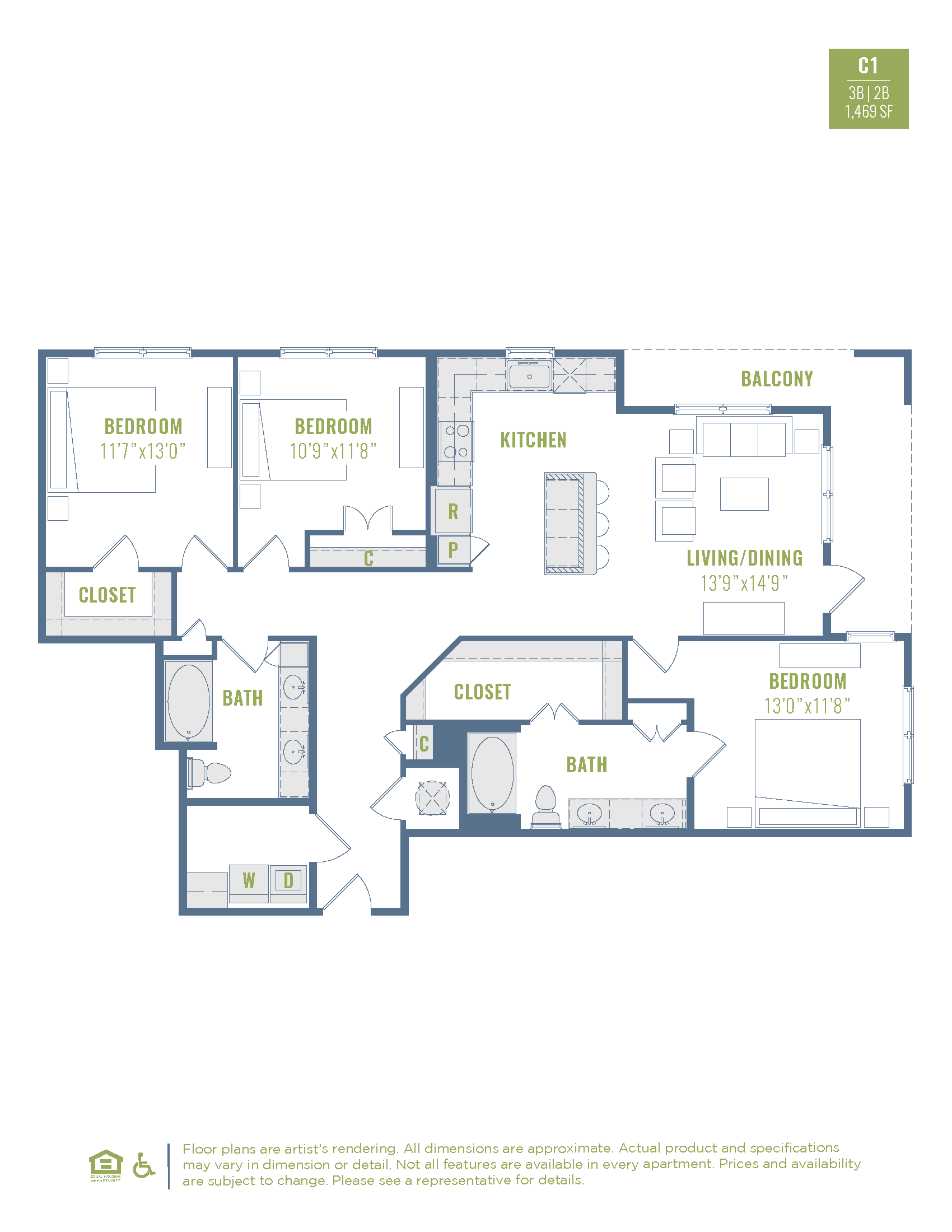 Floor plan for 3 beds, 2 baths, 1469 sqft