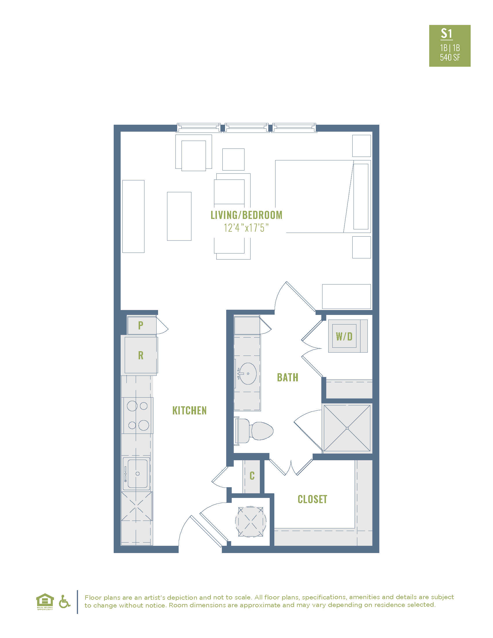 Floor plan for studio, 1 bath, 540 sqft
