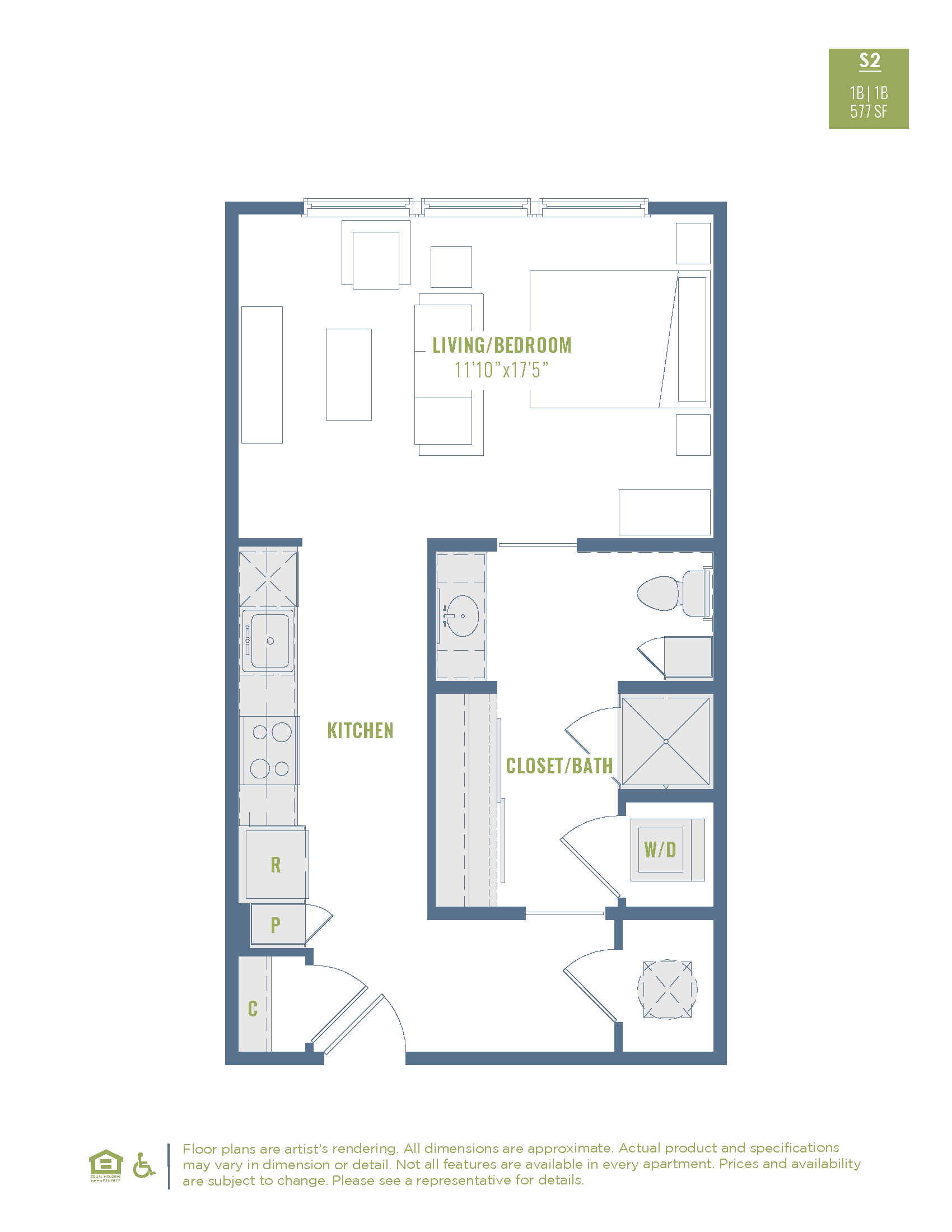 Floor plan for studio, 1 bath, 577 sqft