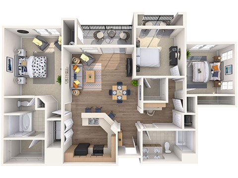 Floor plan for 3 beds, 2 baths, 1309 sqft