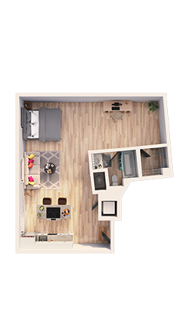 Floor plan for 1 bed, 1 bath, 808 sqft