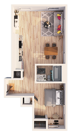 Floor plan for 1 bed, 1 bath, 728 sqft