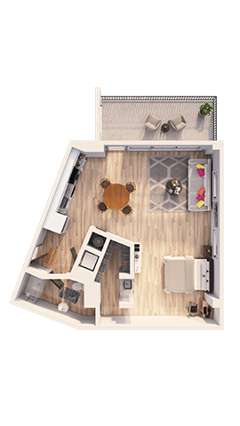 Floor plan for 1 bed, 1 bath, 807 sqft