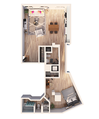Floor plan for 1 bed, 1 bath, 1117 sqft