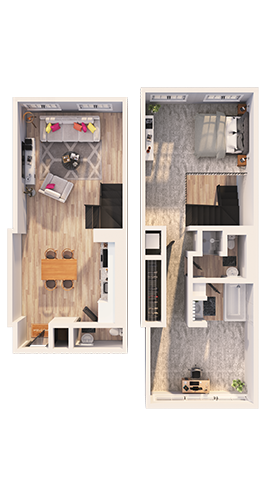 Floor plan for 1 bed, 1.5 baths, 1240 sqft
