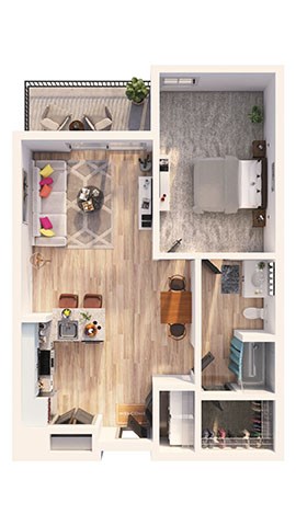 Floor plan for 1 bed, 1 bath, 840 sqft