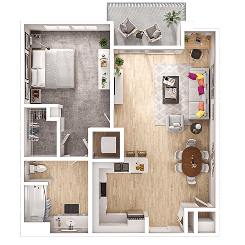 Floor plan for 1 bed, 1 bath, 640 sqft