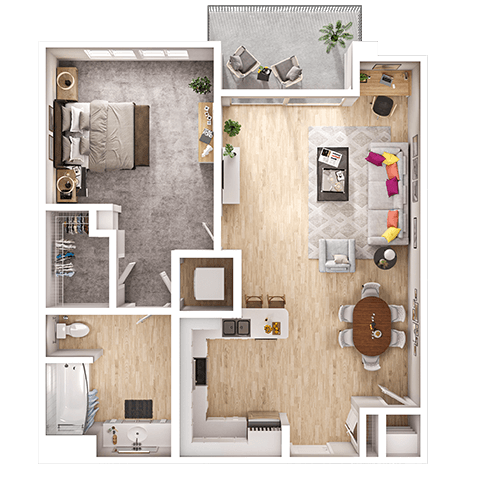 Floor plan for 1 bed, 1 bath, 647 sqft