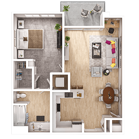 Floor plan for 1 bed, 1 bath, 715 sqft