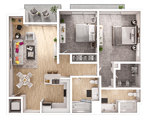 Floor plan for 2 beds, 2 baths, 980 sqft