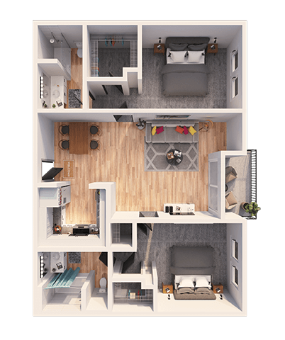 Floor plan for 2 beds, 2 baths, 1039 sqft