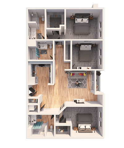 Floor plan for 3 beds, 3 baths, 1284 sqft