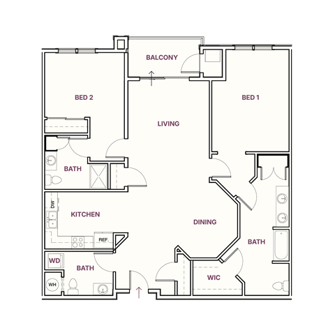 Floor plan for 2 beds, 2.5 baths, 1525 sqft