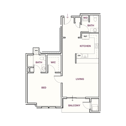 Floor plan for 1 bed, 1.5 baths, 927 sqft