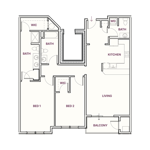 Floor plan for 2 beds, 2.5 baths, 1395 sqft