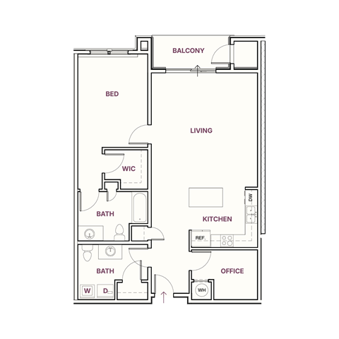 Floor plan for 1 bed, 1.5 baths, 1119 sqft