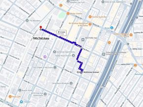 Dallas apartment for rent - A map with a blue line indicating a route from Katy Trail Access to McKinney Avenue.